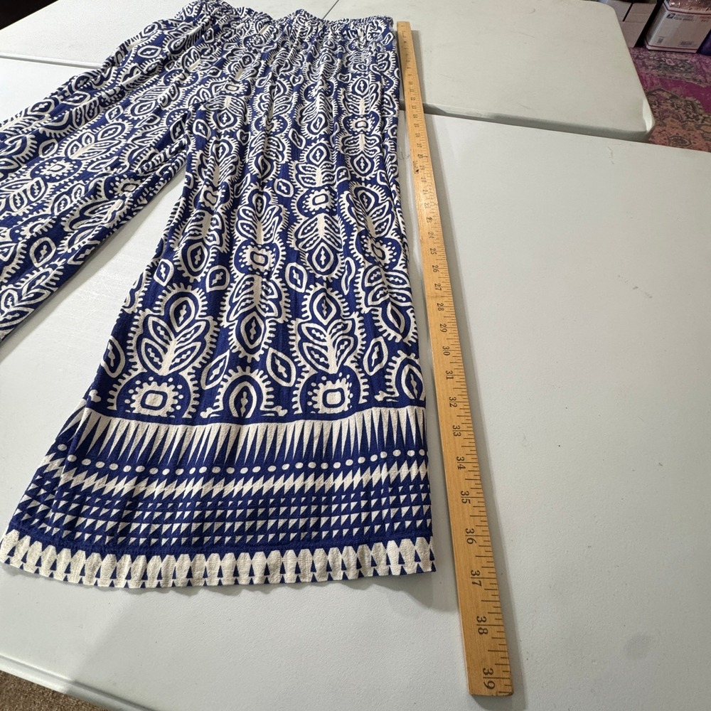 Rose + Olive Resort Blue White Geometric Paisley Wide Leg Palazzo Pants XL - Picture 9 of 16